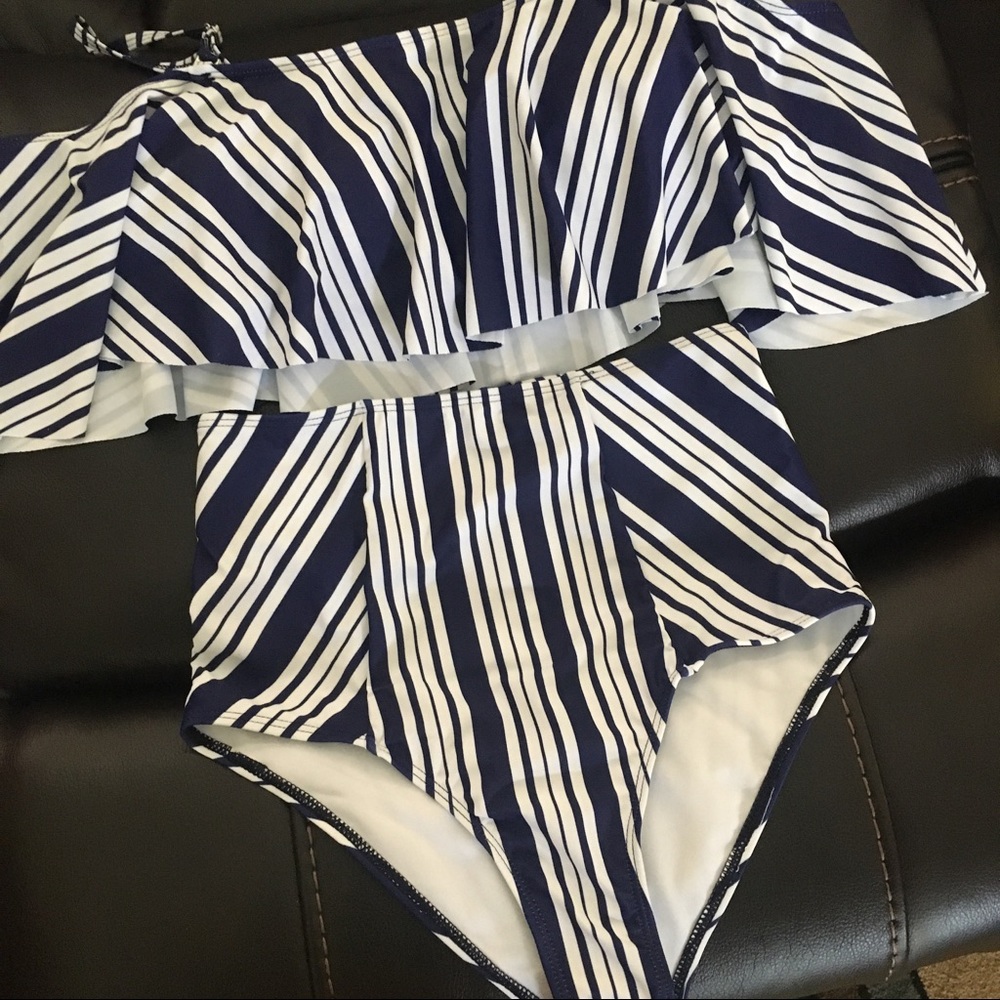 NEW Blue and White Striped High Waist Bathing Suit - Picture 2 of 4